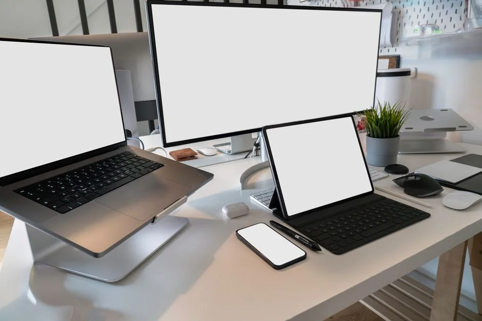 A contemporary workspace with two computer monitors showing web design projects, highlighting technology and productivity.